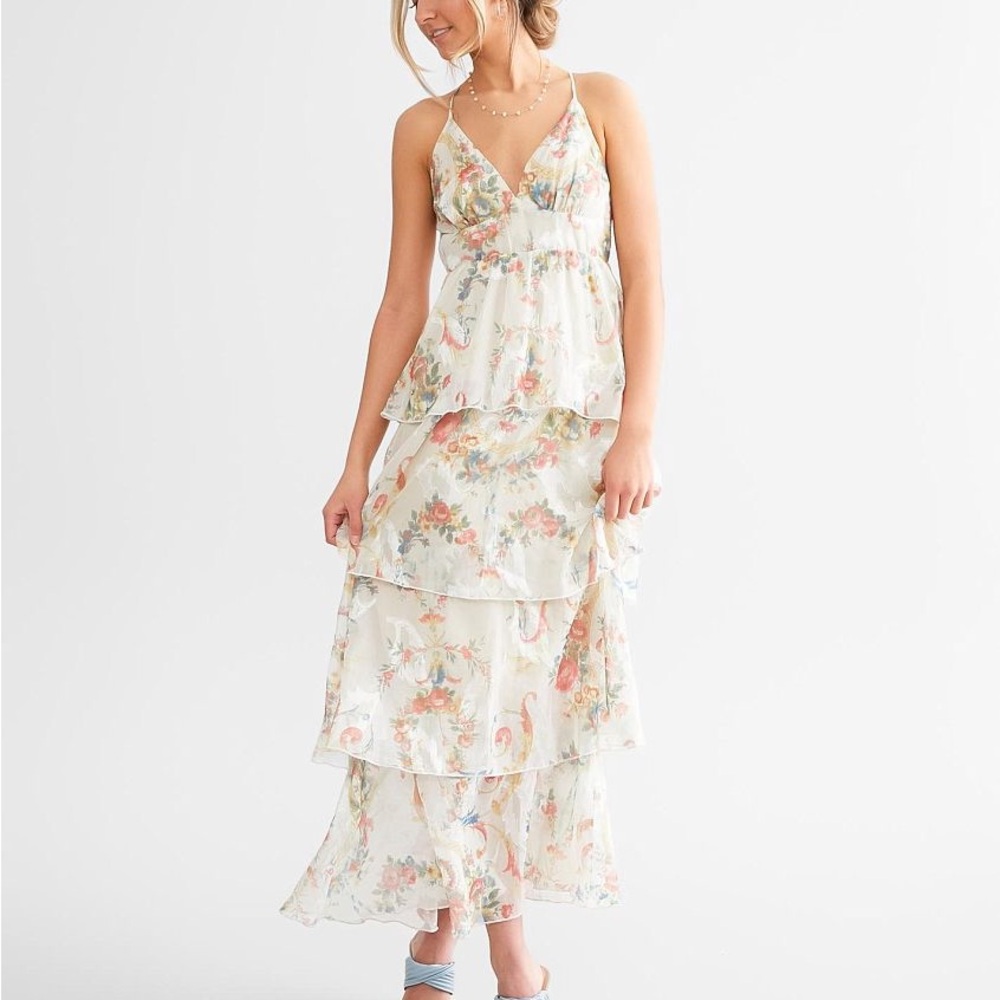 Fanco Floral Jacquard Chiffon Tiered Midi Maxi Dress